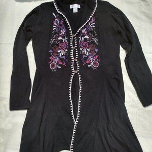 Black Cardigan, Christopher Banks, Embroidered with Flowers, Button Front